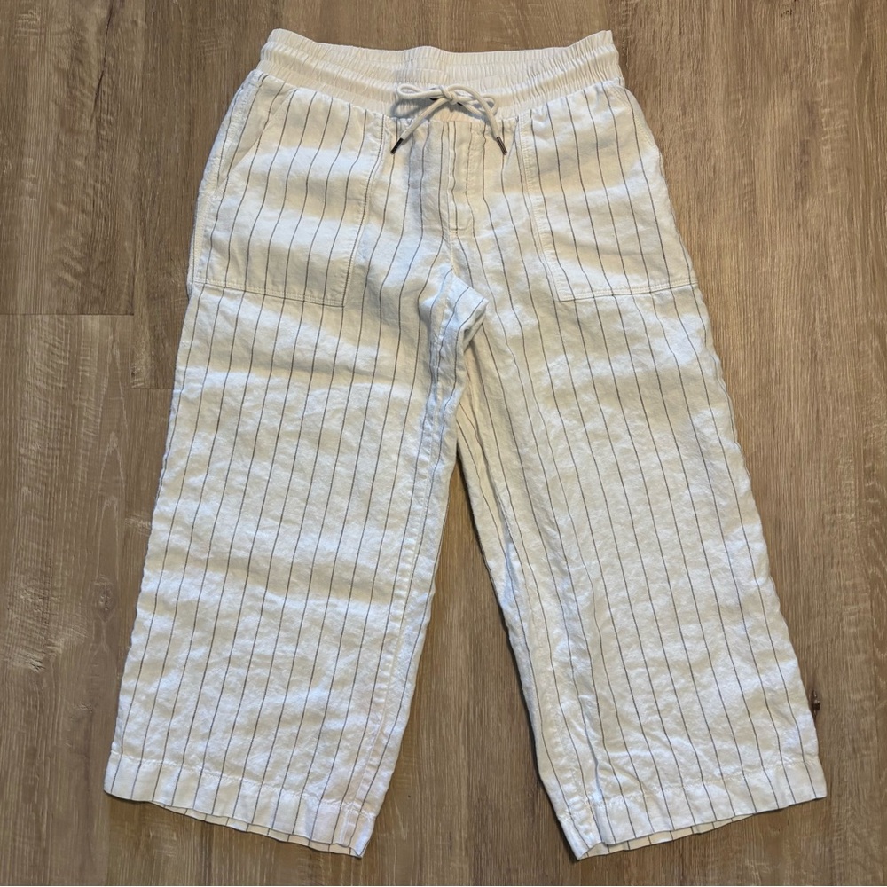 Athleta Bali Linen Crop Pants Women’s 10 White Gray Striped Drawstring Casual